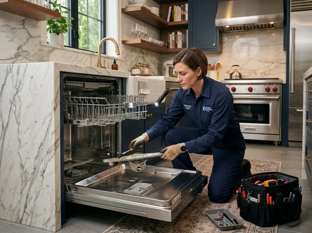 Appliance Repair Hero technician servicing a built-in dishwasher in a Asbury, NJ kitchen