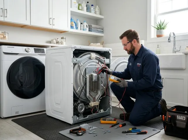 Appliance Repair Hero technician checking a dryer heating element with the rear panel off in Asbury, NJ