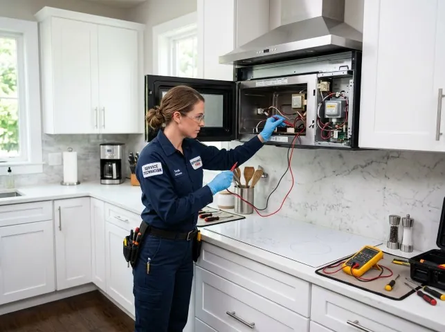 Appliance Repair Hero technician testing an over-the-range microwave in a Asbury, NJ kitchen