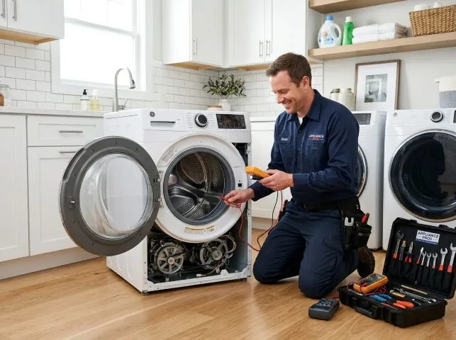 Appliance Repair Hero technician testing a front-load washer with a multimeter on a Asbury, NJ service call